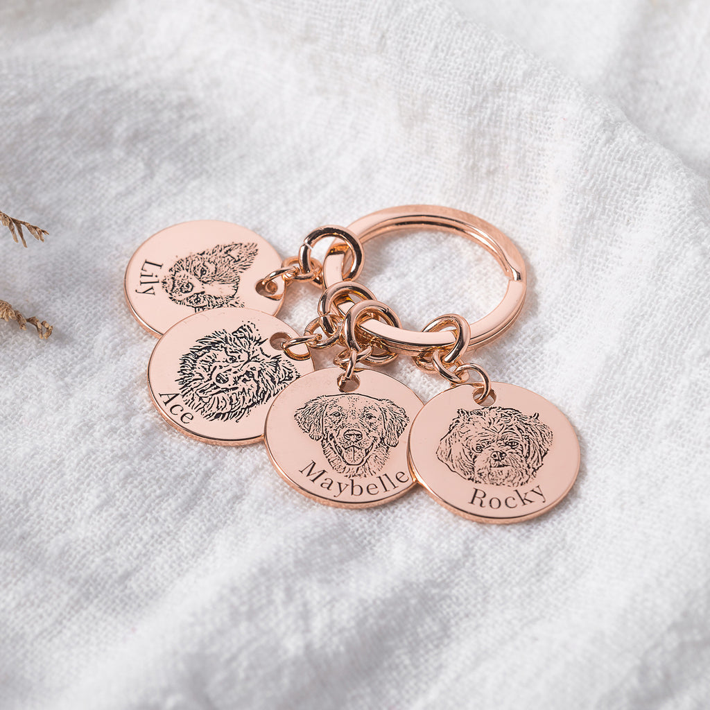 Four Personalized Pet Portrait Keychains Rose Gold