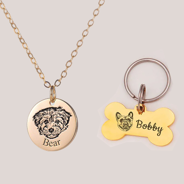 Custom Memory Dog Necklace and Pet Face Bone Keychain (2 Items)