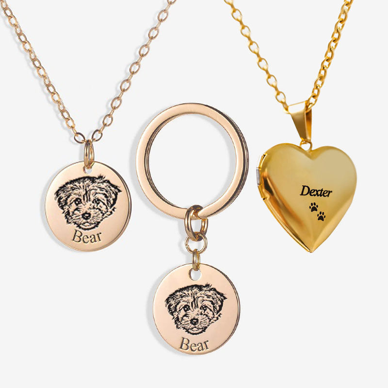 Personalized Pet Face Necklace, Keychain and Locket Heart Necklace (3 piece set)