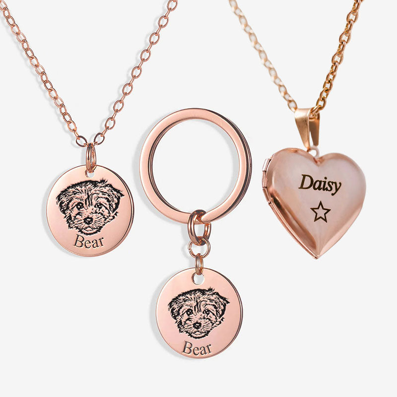 Personalized Pet Face Necklace, Keychain and Locket Heart Necklace (3 piece set)