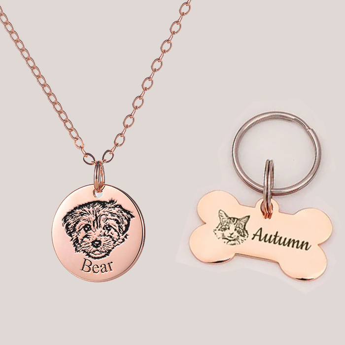 Custom Memory Dog Necklace and Pet Face Bone Keychain (2 Items)