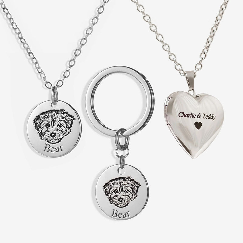 Personalized Pet Face Necklace, Keychain and Locket Heart Necklace (3 piece set)