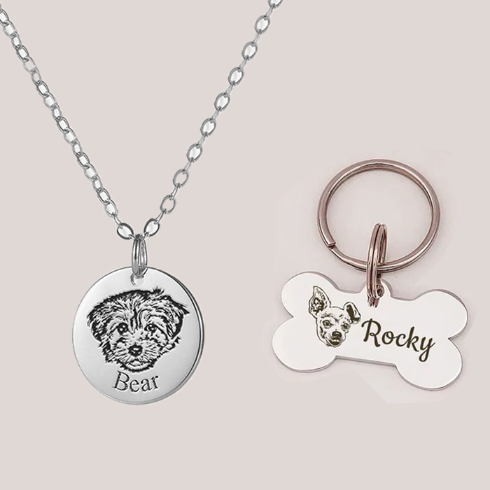 Custom Memory Dog Necklace and Pet Face Bone Keychain (2 Items)